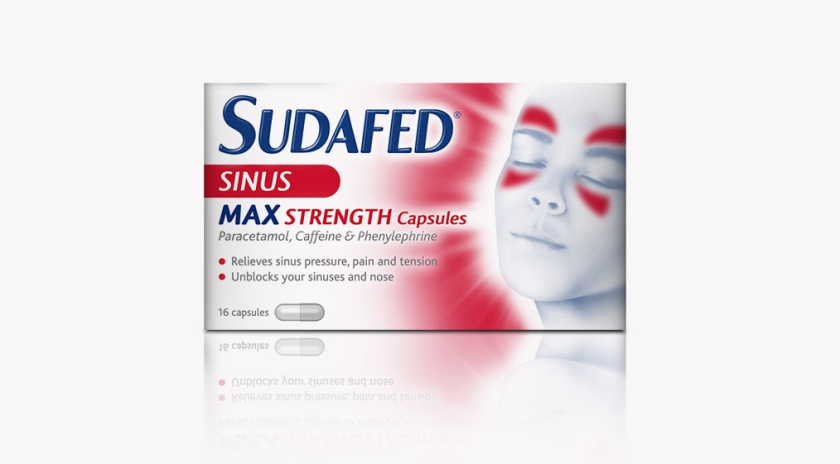 蘇達(dá)飛Sudafed 鼻子和鼻竇充血劑藥品包裝設(shè)計，標(biāo)志性的臉部圖形表達(dá)癥狀緩解