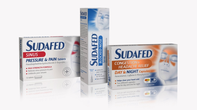 蘇達飛Sudafed 鼻子和鼻竇充血劑藥品包裝設計，標志性的臉部圖形表達癥狀緩解