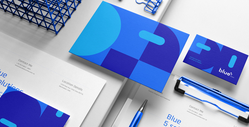 Blue 5 Solutions 科技公司企業(yè)品牌形象vi設計,,幾何同色系藍色色塊輔助圖形