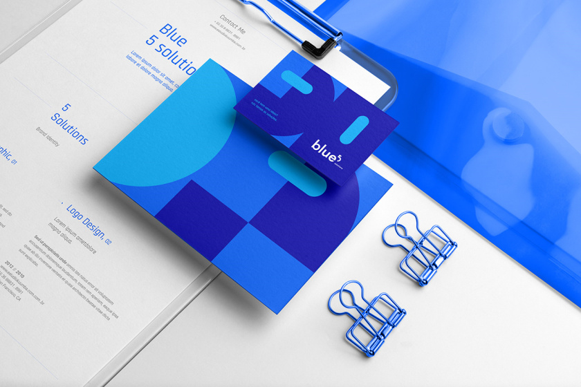 Blue 5 Solutions 科技公司企業(yè)品牌形象vi設計,,幾何同色系藍色色塊輔助圖形