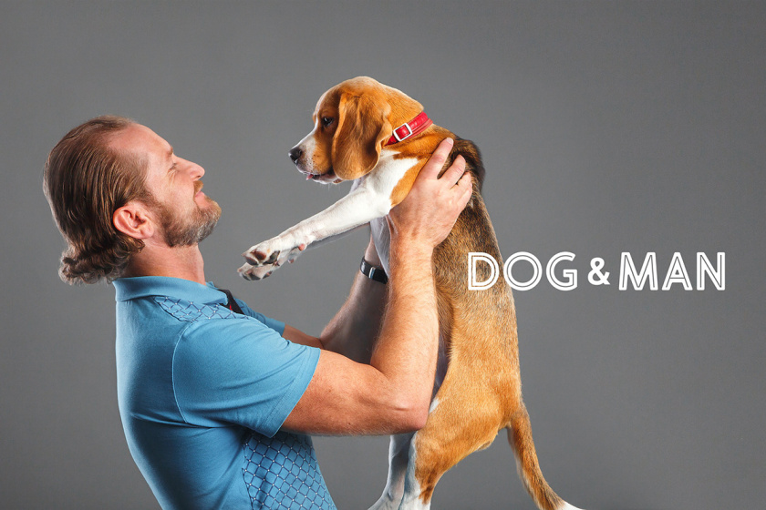 DOG&MAN 狗糧寵物食品包裝設計，男人與狗的親密照片