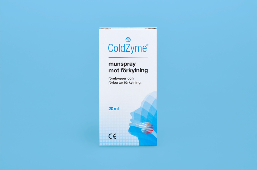 Coldzyme預防感冒病菌口腔噴霧劑包裝設計，色塊面部+箭頭喉嚨發炎圖形