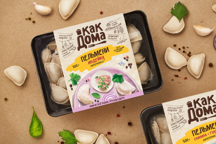 Kak Doma就像在家混沌餃子肉餡糕點冷凍保鮮烹飪食品包裝設計，手繪圖案+實物照片