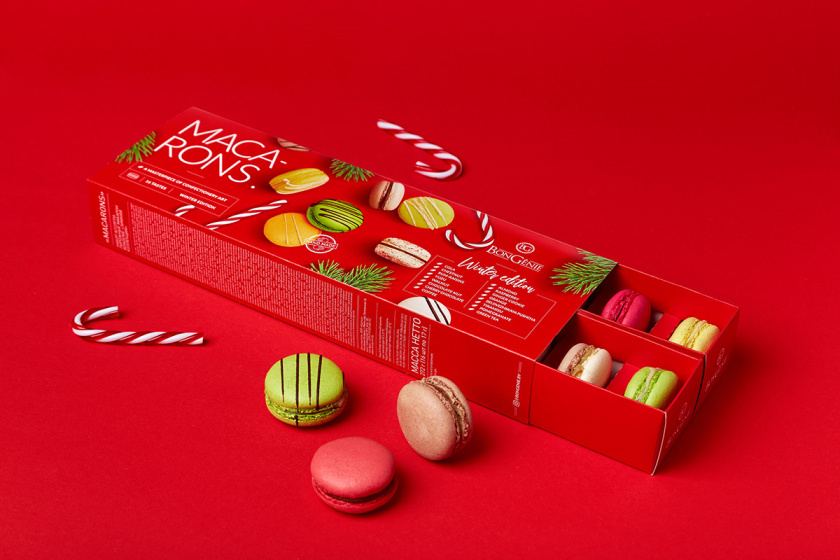 BonGenie馬卡龍糕點(diǎn)節(jié)日禮品裝食品包裝設(shè)計(jì)，喜慶紅色+糕點(diǎn)照片