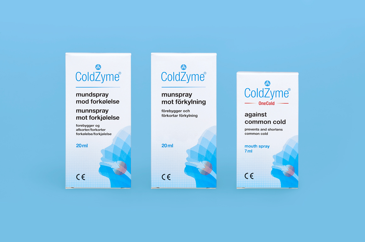 Coldzyme預防感冒病菌口腔噴霧劑包裝設計，色塊面部+箭頭喉嚨發炎圖形