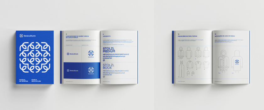 Seaculture 海水養殖海鮮品牌logo與vi識別設計，四個線條魚組合