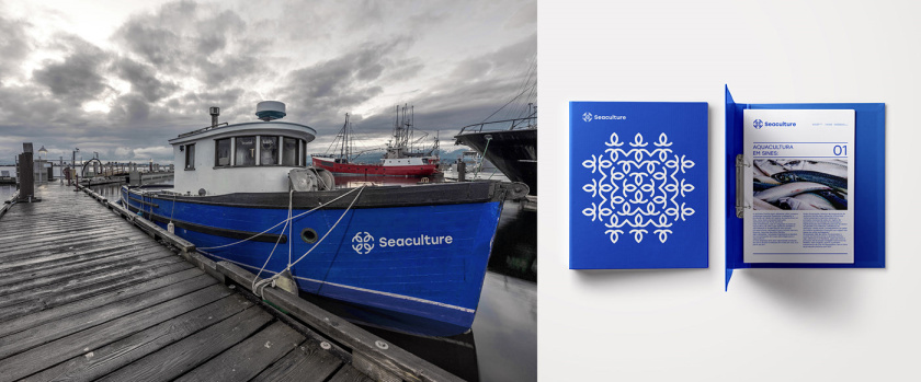 Seaculture 海水養殖海鮮品牌logo與vi識別設計，四個線條魚組合