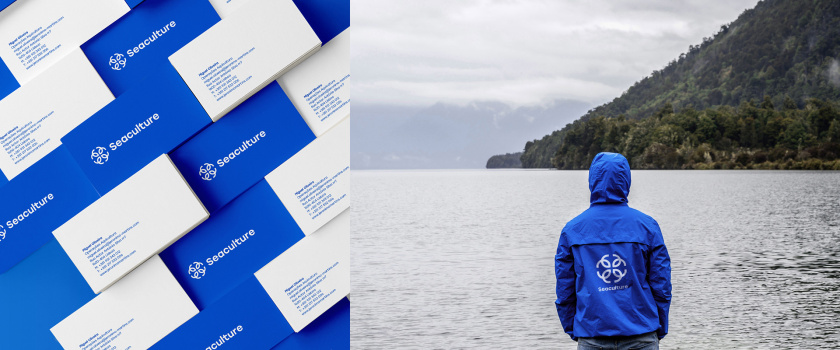 Seaculture 海水養殖海鮮品牌logo與vi識別設計，四個線條魚組合