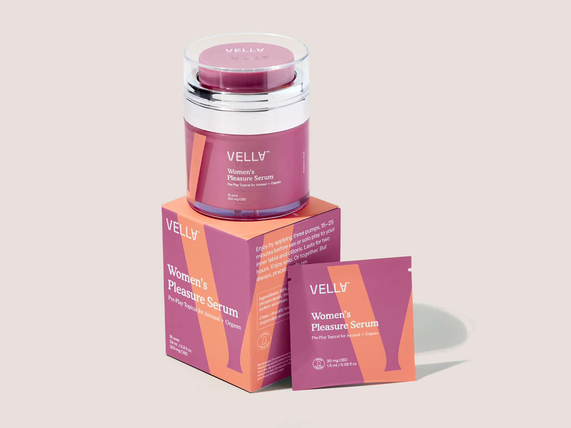 Vella女性愉悅精華素包裝設計，化妝品風格，突出v字母識別