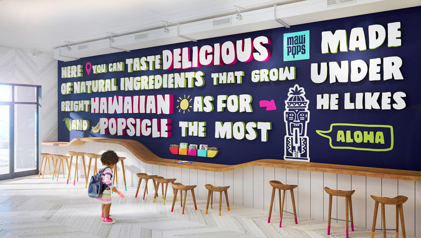 Maui Pops 冰淇淋店品牌logo設計店鋪室內設計，活潑的夏威夷風格