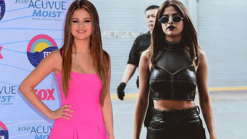 圖：Selena Gomez 并排的兩張照片，一張粉紅色，一張黑色