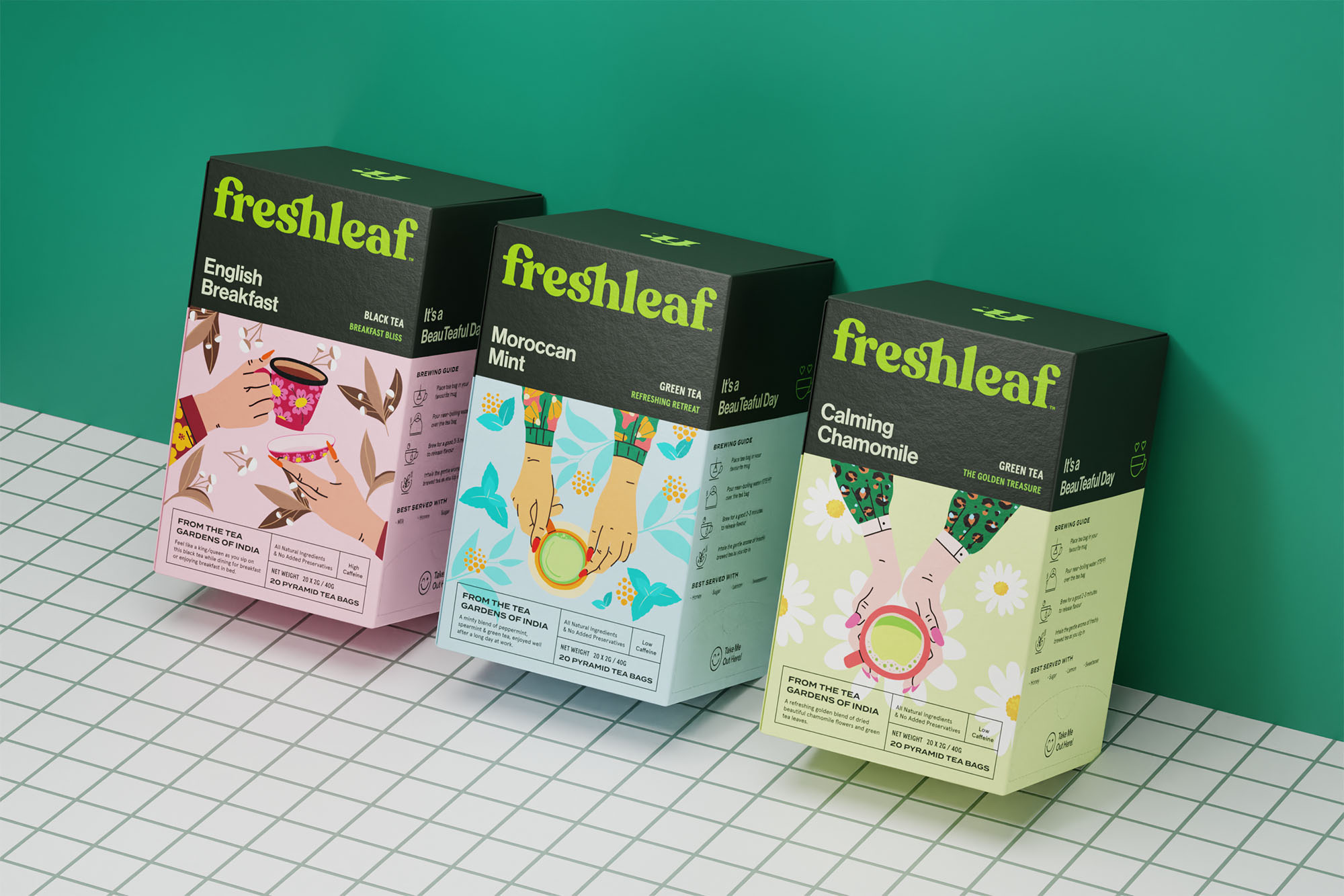 Freshleaf袋泡茶葉包裝設計,現代時尚矢量插畫風格 Freshleaf袋泡茶葉包裝設計,現代時尚矢量插畫風格