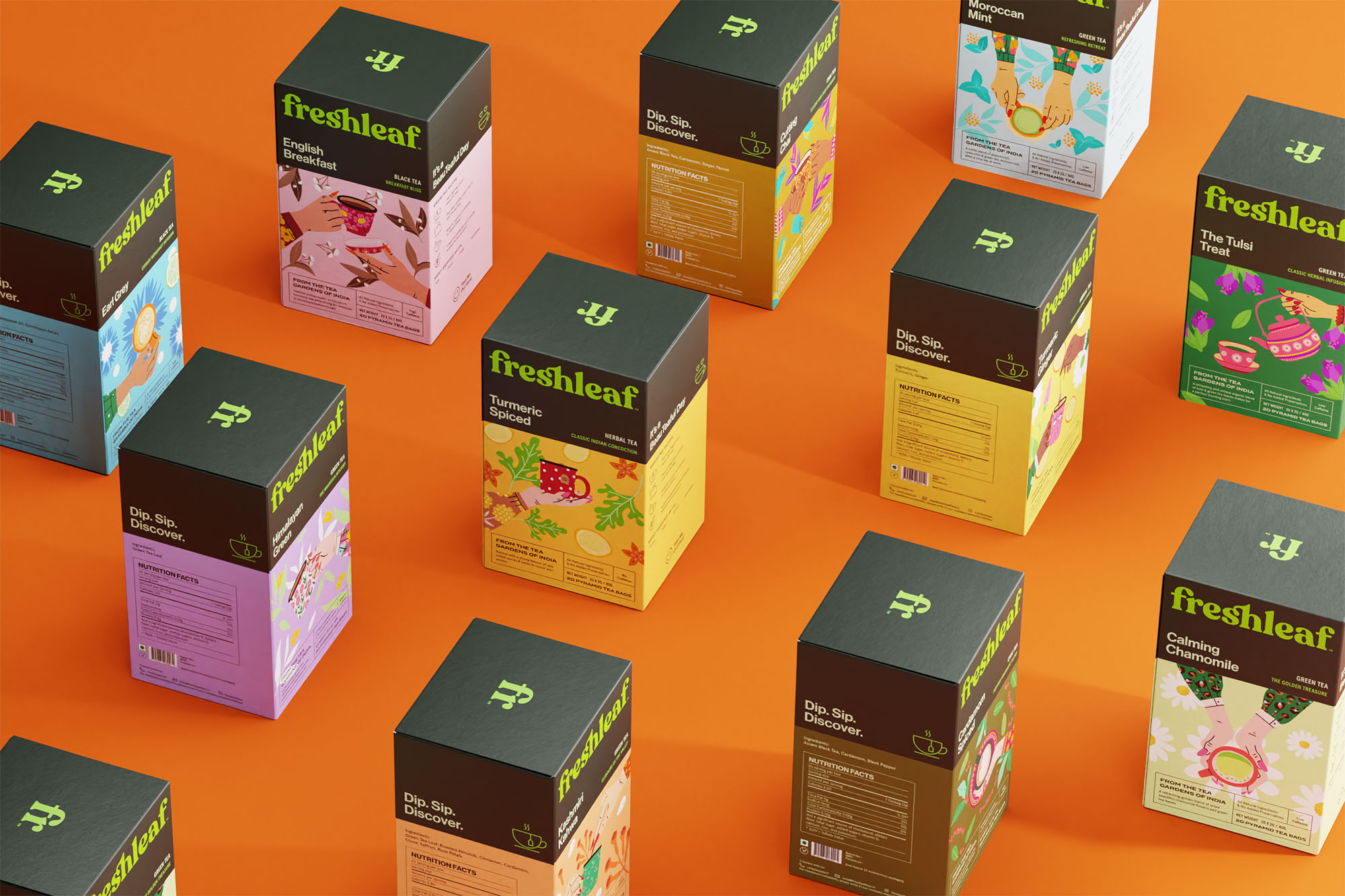 Freshleaf袋泡茶葉包裝設計,現代時尚矢量插畫風格 Freshleaf袋泡茶葉包裝設計,現代時尚矢量插畫風格
