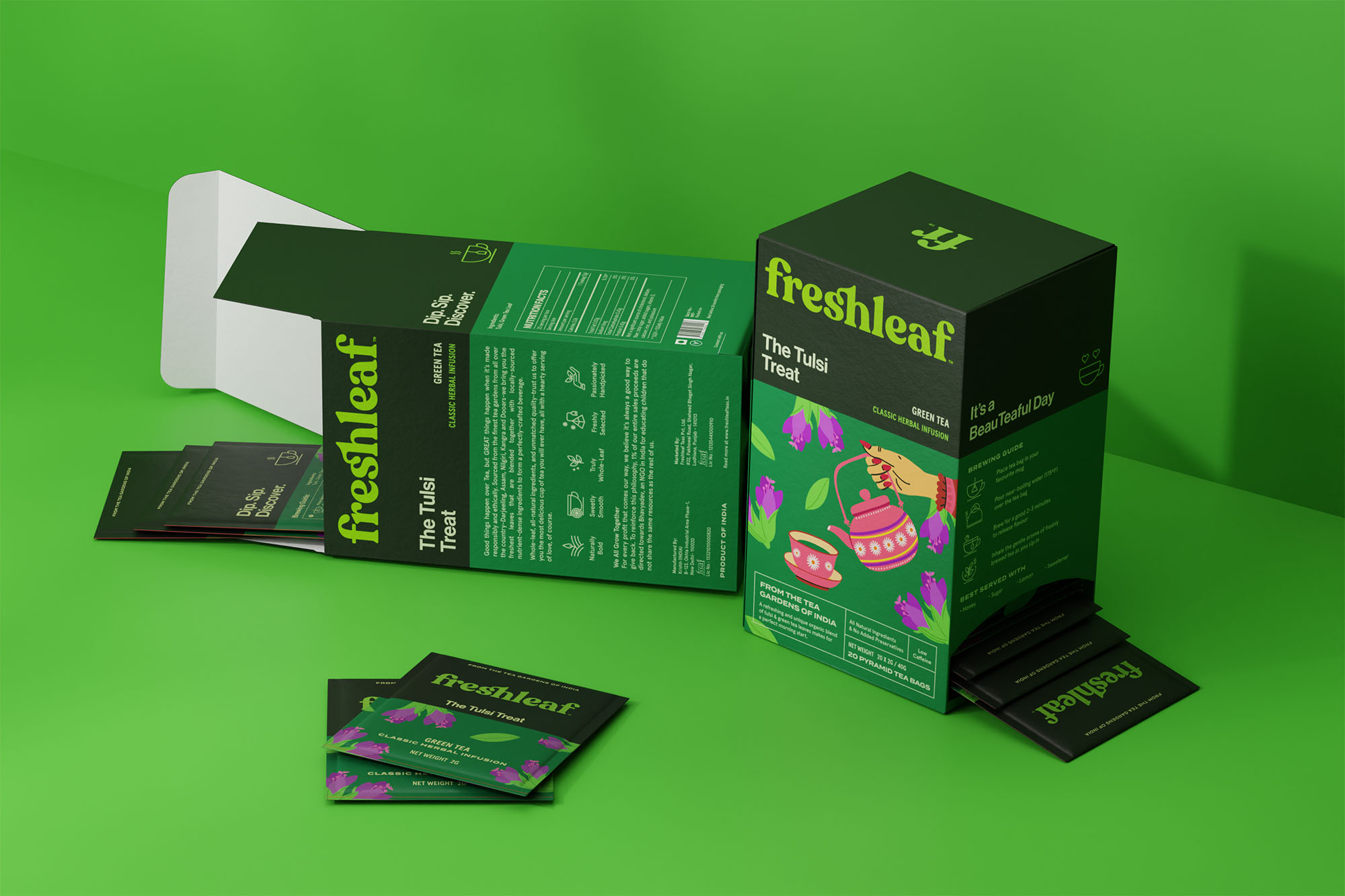 Freshleaf袋泡茶葉包裝設計,現代時尚矢量插畫風格 Freshleaf袋泡茶葉包裝設計,現代時尚矢量插畫風格