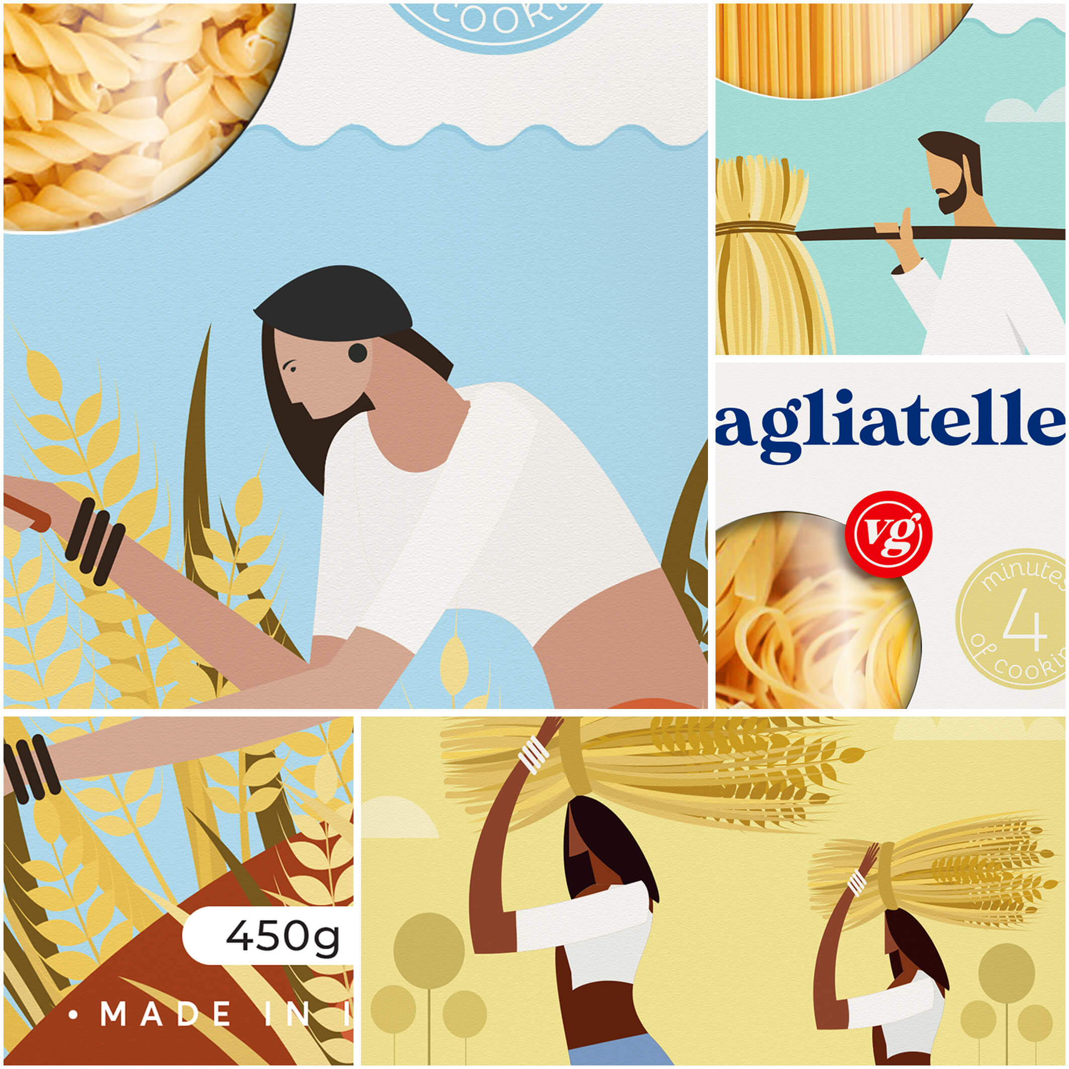 VG PASTA（意大利面）面條面皮面食包裝設計，農民耕種插畫