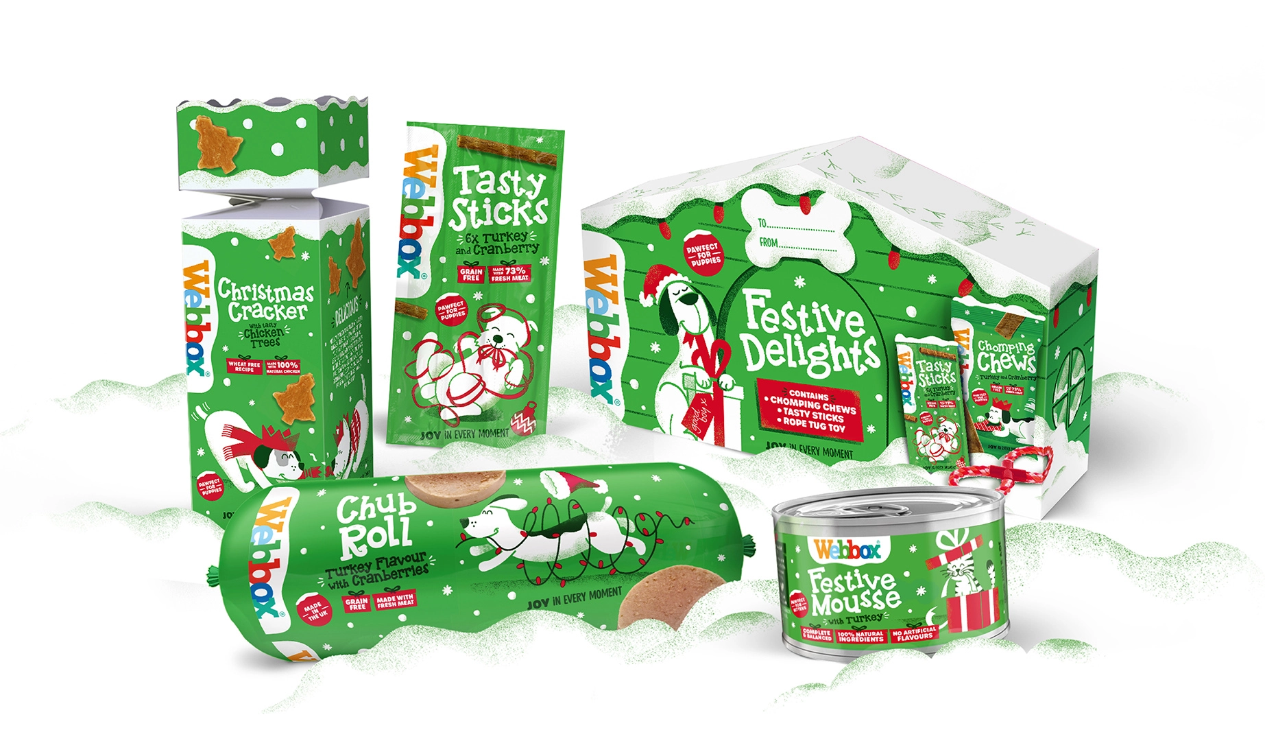 Webbox寵物食品用品貓糧狗糧圣誕節節日包裝設計，調皮搗蛋寵物插圖