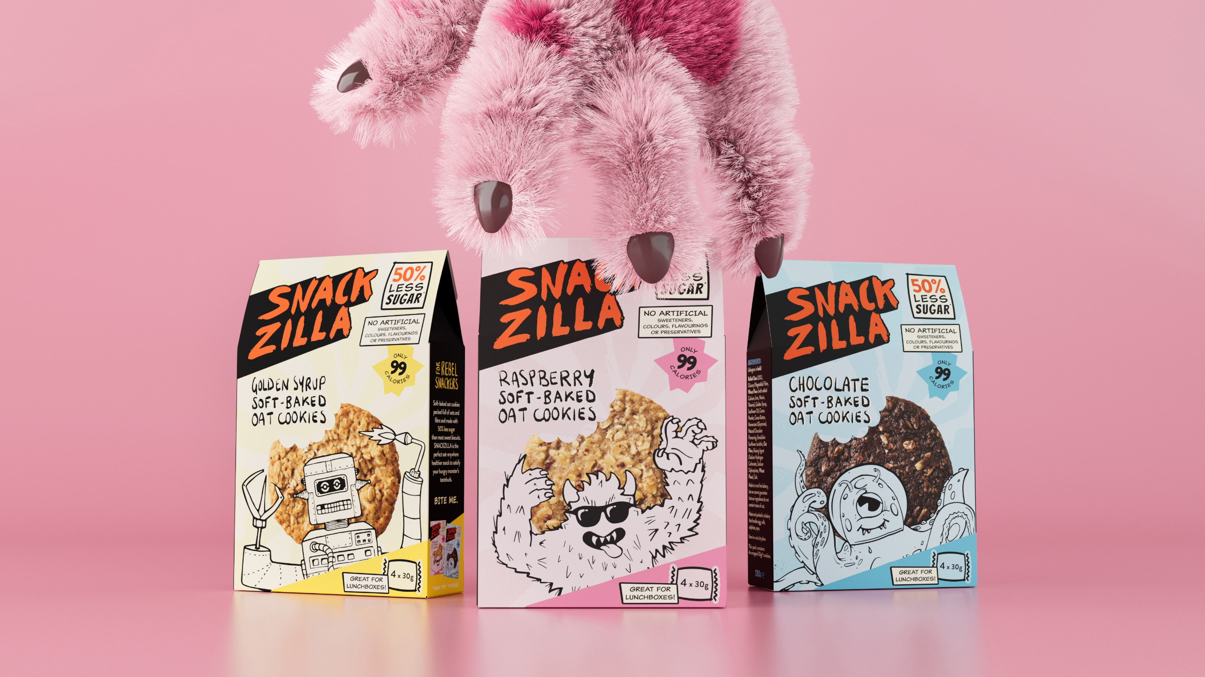 Snackzilla 燕麥餅干兒童低糖零食包裝設計，夸張的動物線條插畫