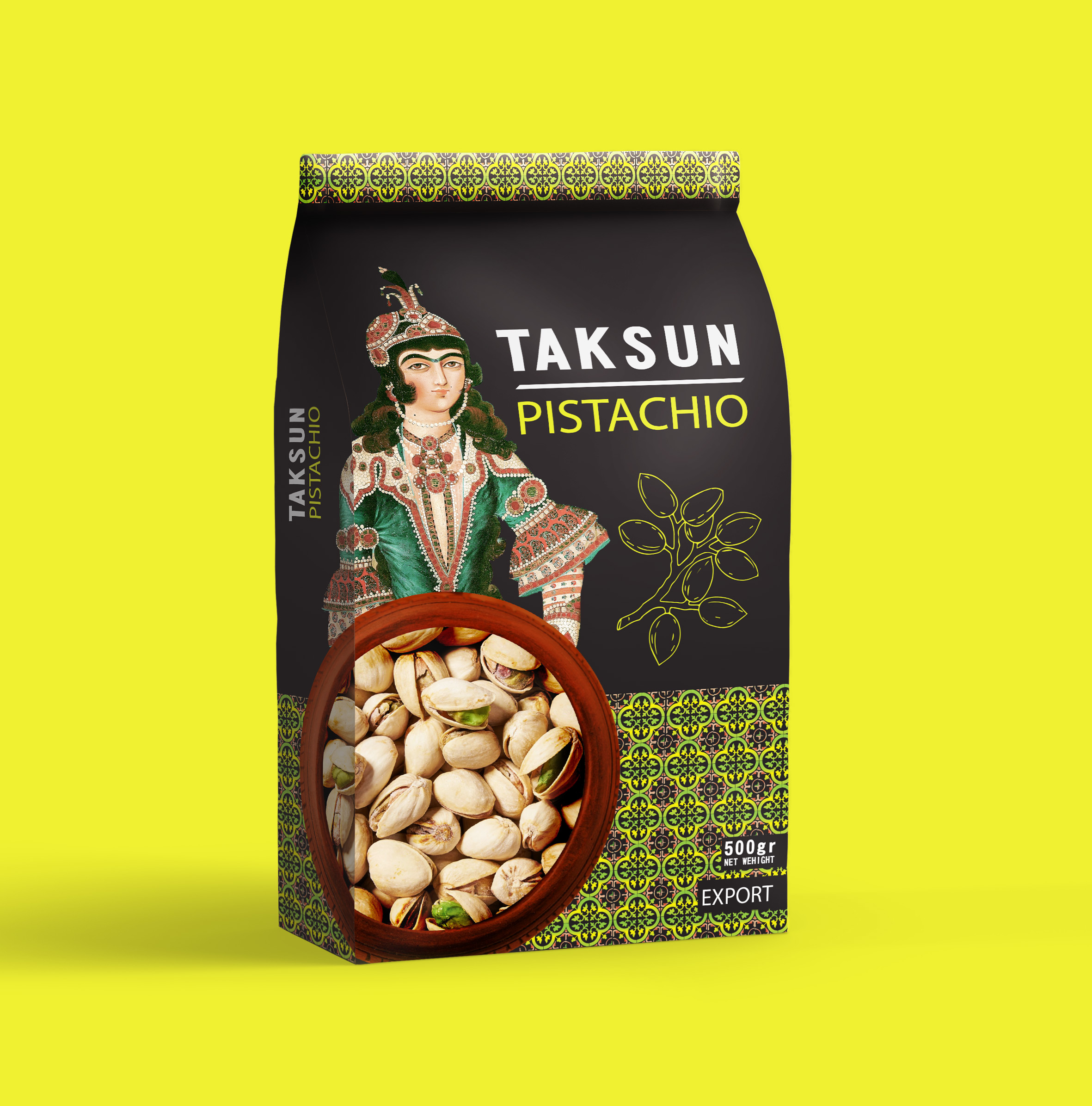達(dá)順開(kāi)心果堅(jiān)果包裝設(shè)計(jì)“伊朗女孩插畫(huà)+拼接底紋”