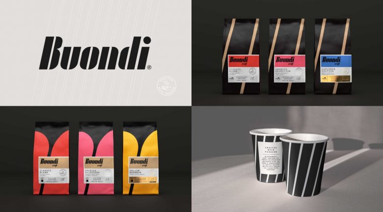 Buondi 咖啡標簽貼紙包裝設計與字母中間切開標志設計