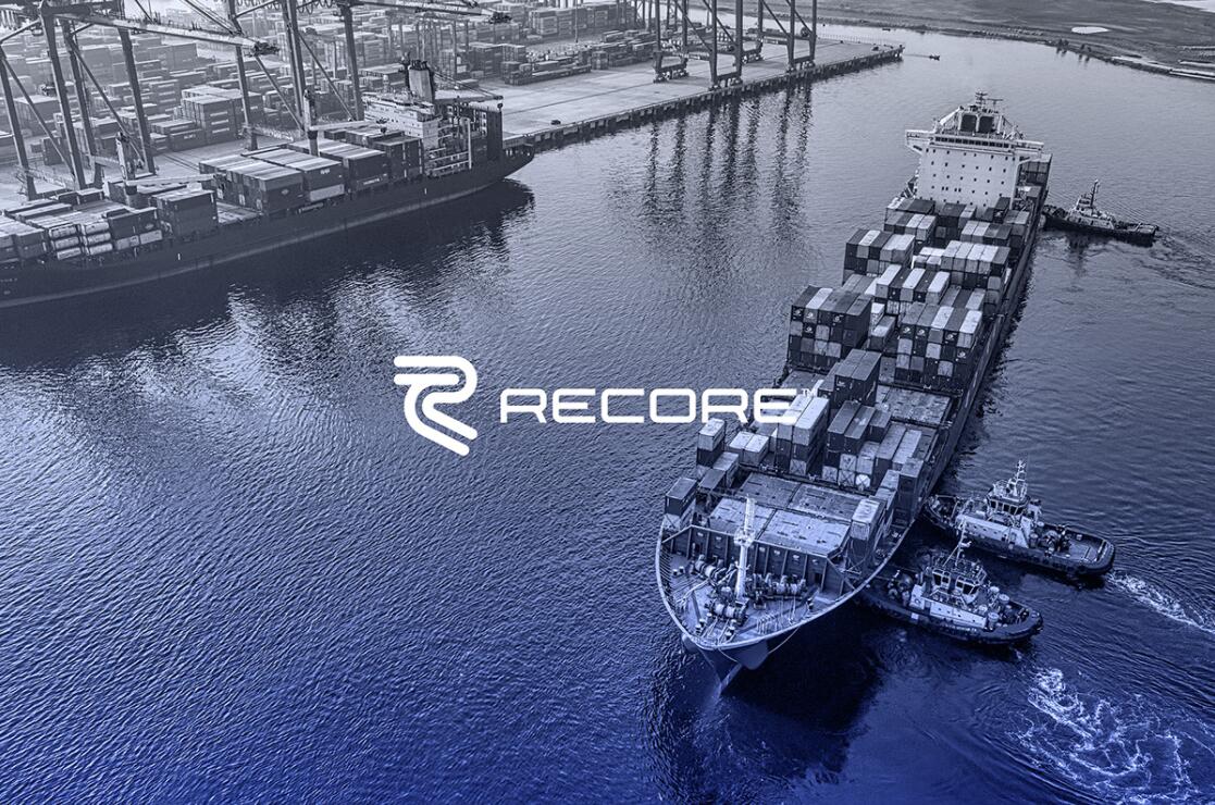 Recore 航運貨運物流公司logo設計vi設計，雙線條“R”字母與藍灰配色