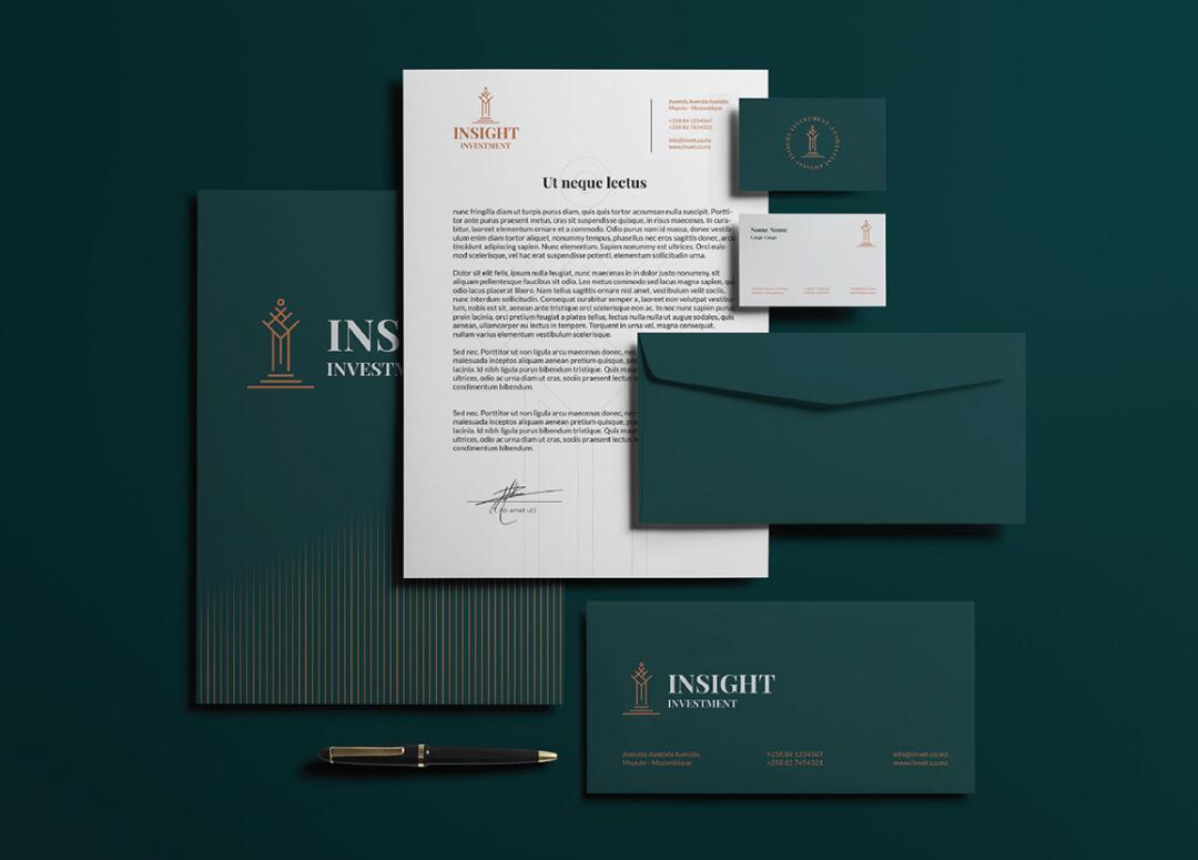 Insight 金融投資公司logo設計vis設計，基石與增長線條元素
