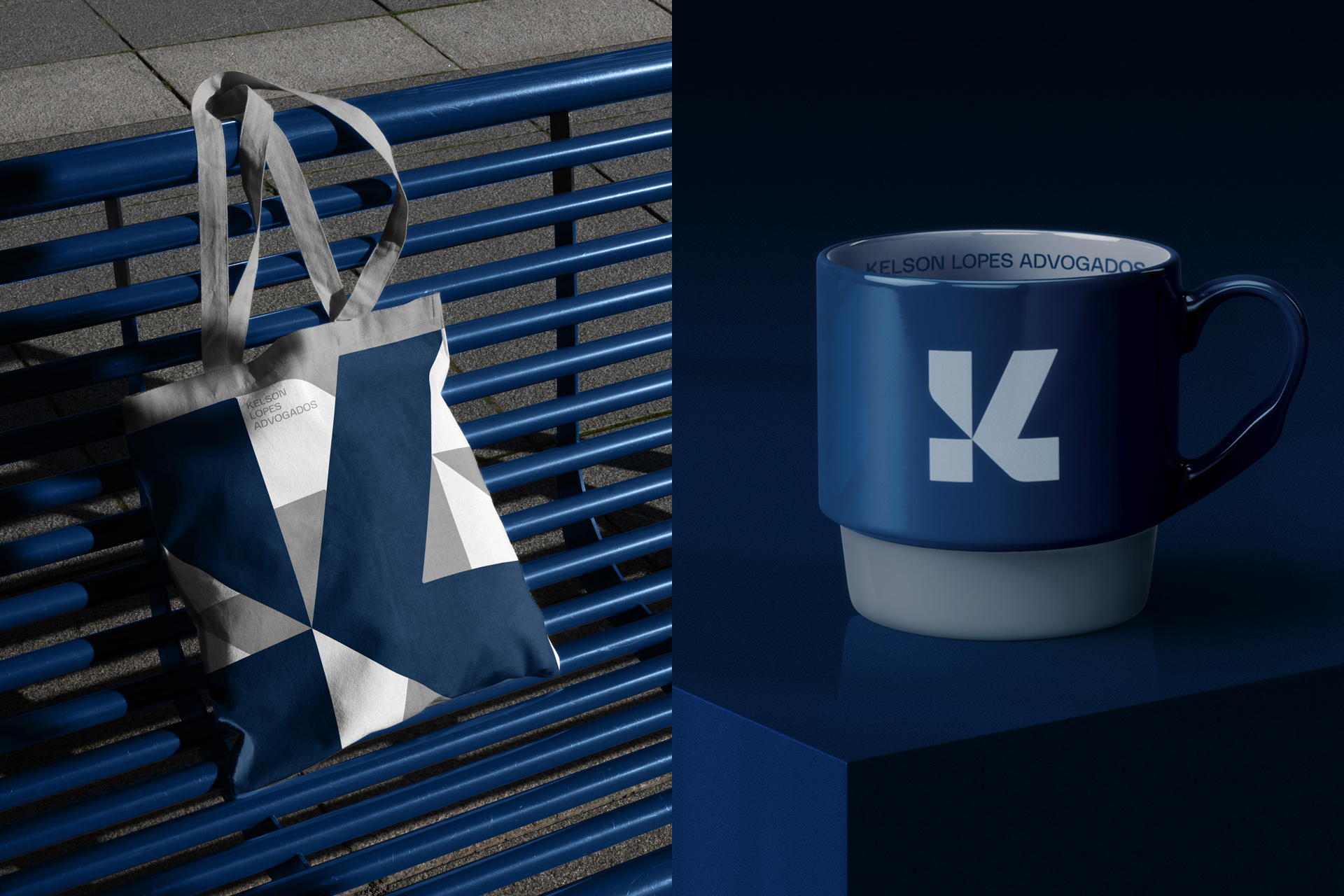 Kelson Lopes律師事務所品牌logo設計vi設計，正方形字母kL結合logo與海軍藍灰配色-杯子袋子