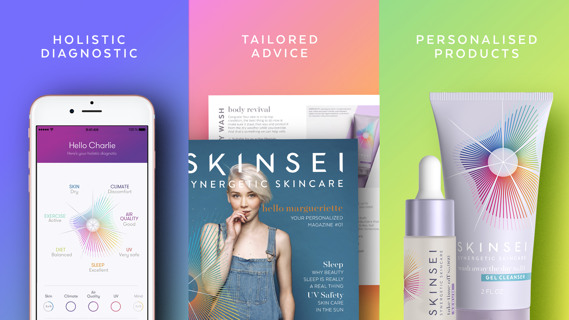 Skinsei私人個性化護膚品化妝品包裝設計，明亮多彩的萬花筒線條光譜主視覺圖案