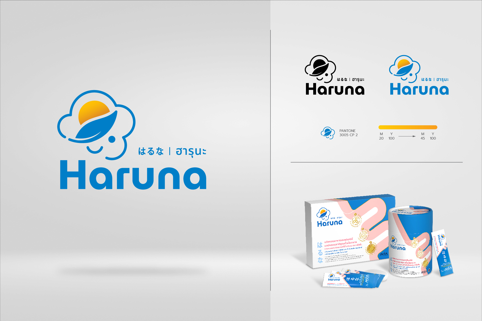 Haruna 益生菌品牌logo設計包裝設計，太陽云葉人臉象征logo與三段腸道包裝