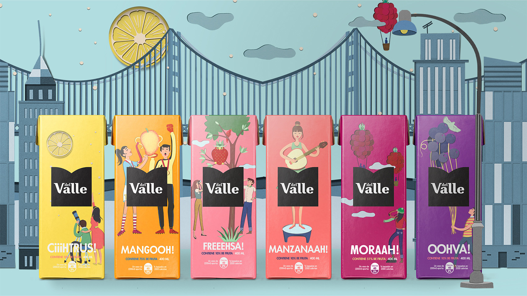 DEL VALLE 果汁包裝設計，少男少女+水果場景創意插畫