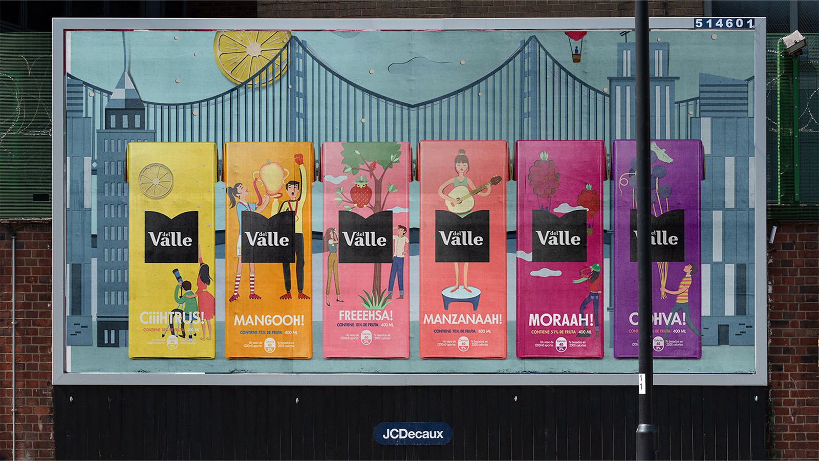 DEL VALLE 果汁包裝設計，少男少女+水果場景創意插畫