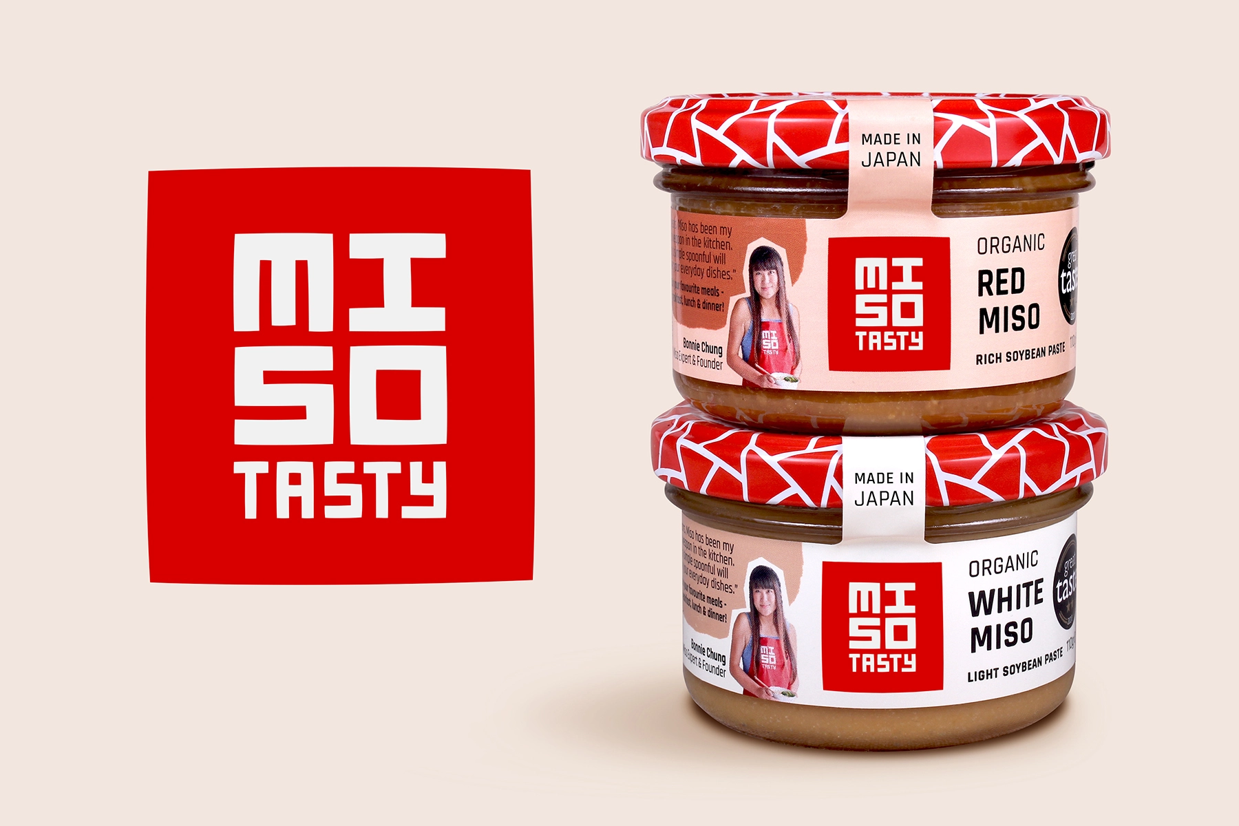 Miso Tasty日式味增調味品包裝設計，突出品牌logo與三角組合圖案識別元素
