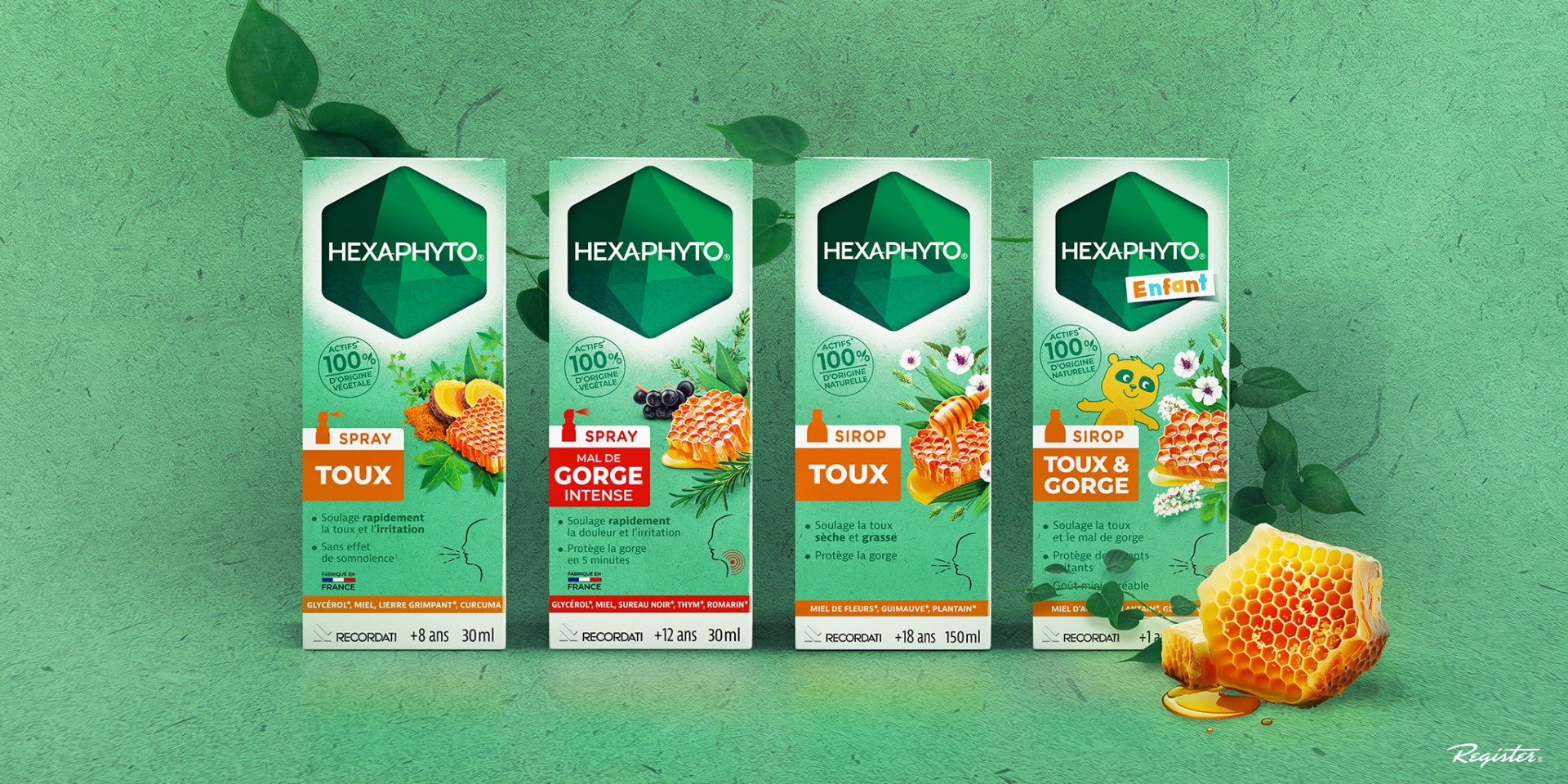 Hexaphyto蜂蜜止咳糖漿包裝設計，以自然綠色方式表達藥效