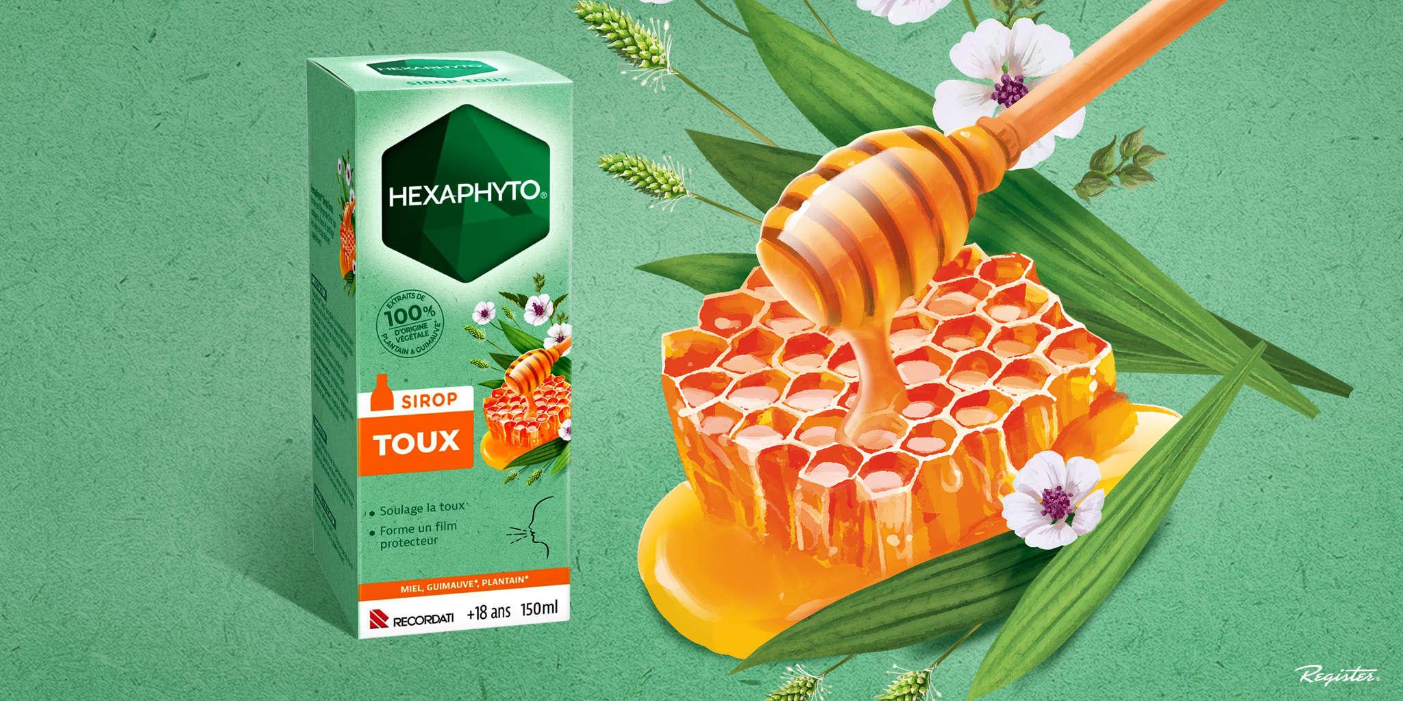 Hexaphyto蜂蜜止咳糖漿包裝設計，以自然綠色方式表達藥效