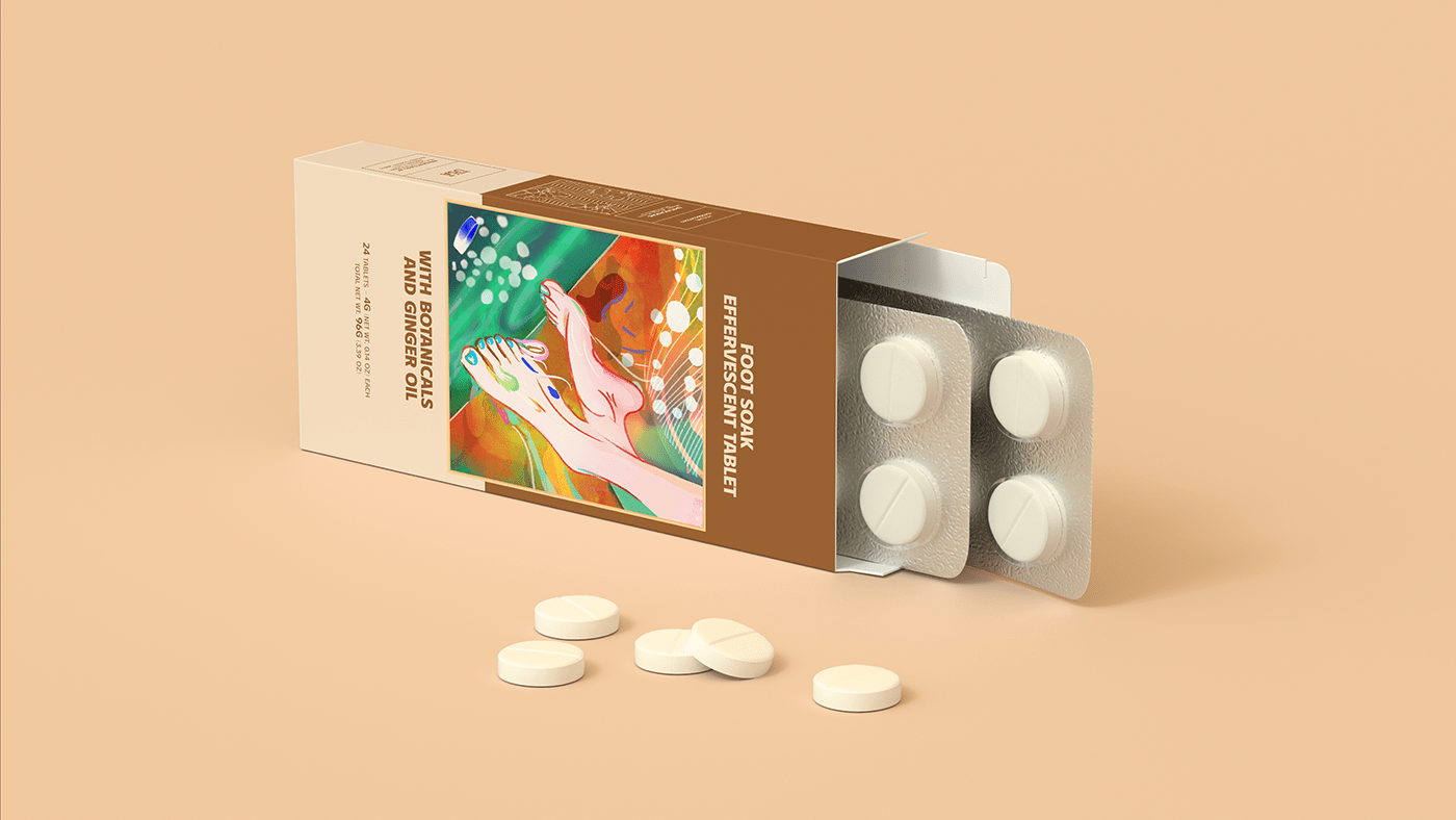 TABLETS 生姜精油泡騰片足浴包包裝設計，虛實結合的腳部與草本插畫