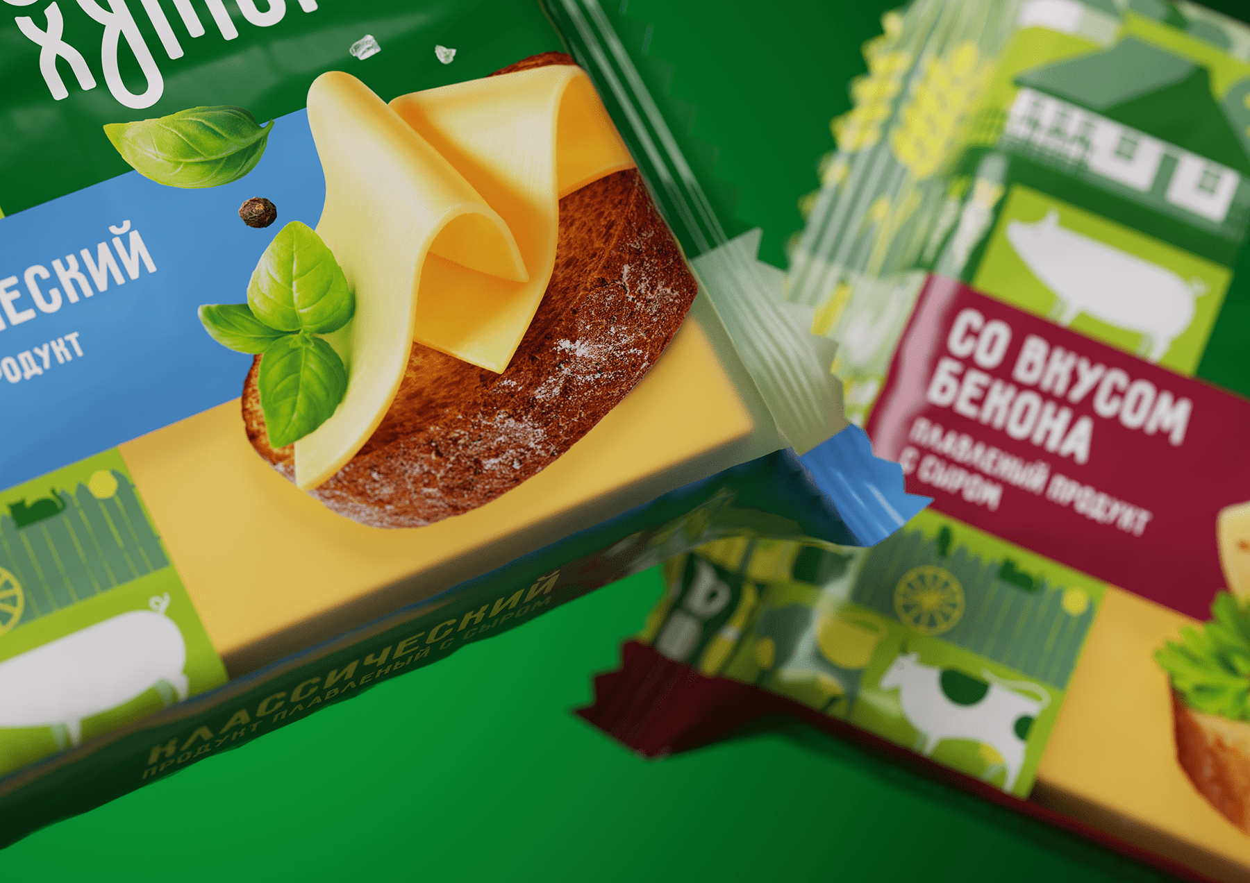 ZELENYJ KHUTOROK 奶酪三明治食品產品線包裝設計,虛實結合的自然清淡設計風格 ZELENYJ KHUTOROK 奶酪三明治食品產品線包裝設計,虛實結合的自然清淡設計風格