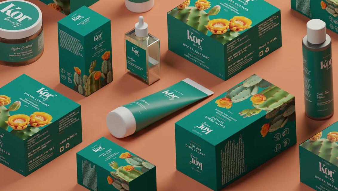 KOR皮膚補水革命性化妝護膚品護理品牌字體logo設(shè)計與藍綠色包裝設(shè)計