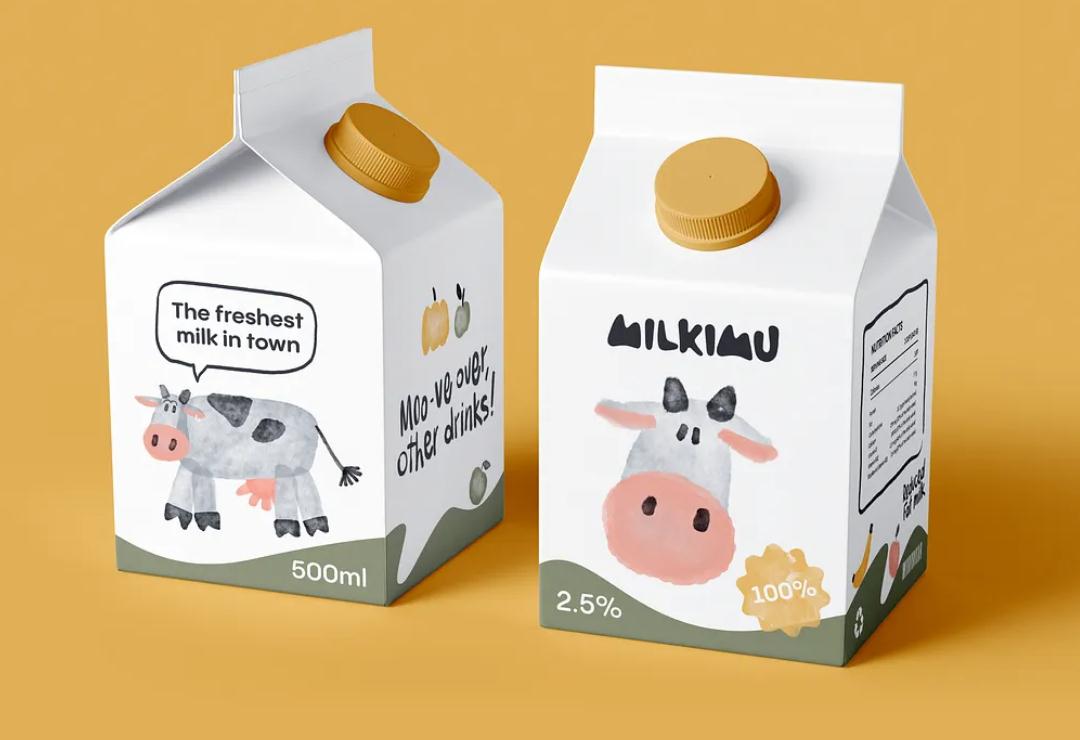 Milkimu牛奶乳制品品牌包裝設(shè)計和營銷圖形，可愛手繪卡通牛牛元素-小牛奶紙盒設(shè)計