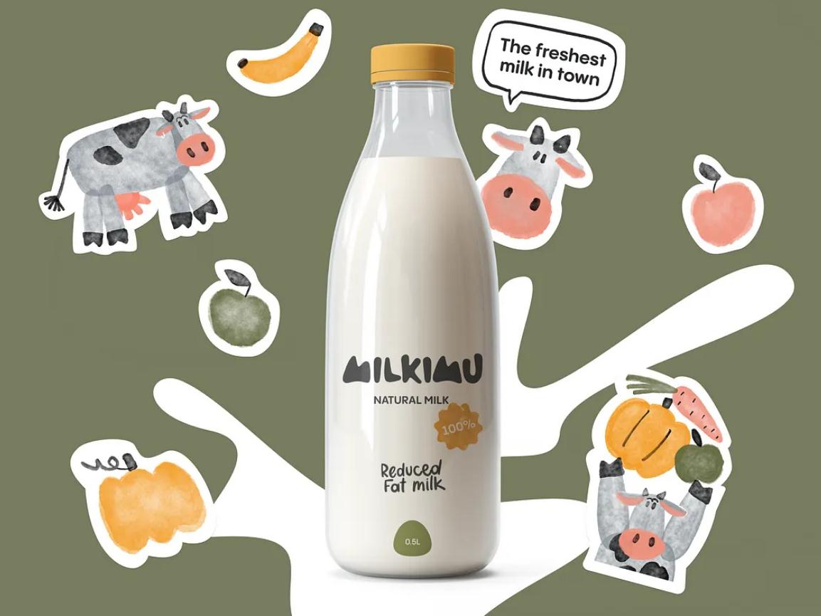 Milkimu牛奶乳制品品牌包裝設(shè)計和營銷圖形，可愛手繪卡通牛牛元素-牛奶玻璃瓶和品牌貼紙