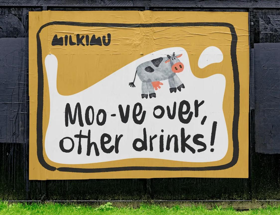 Milkimu牛奶乳制品品牌包裝設(shè)計和營銷圖形，可愛手繪卡通牛牛元素-戶外廣告海報