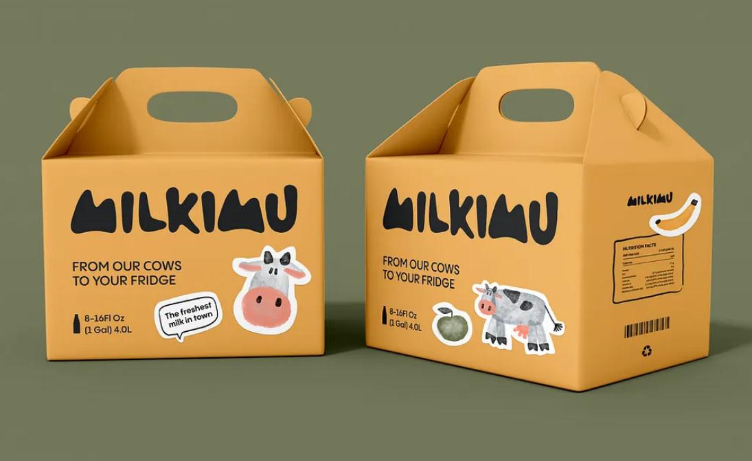 Milkimu牛奶乳制品品牌包裝設(shè)計和營銷圖形，可愛手繪卡通牛牛元素-大送貨箱設(shè)計