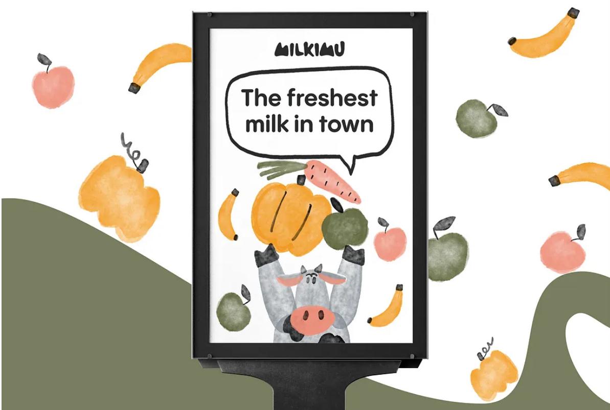 Milkimu牛奶乳制品品牌包裝設(shè)計和營銷圖形，可愛手繪卡通牛牛元素-廣告海報