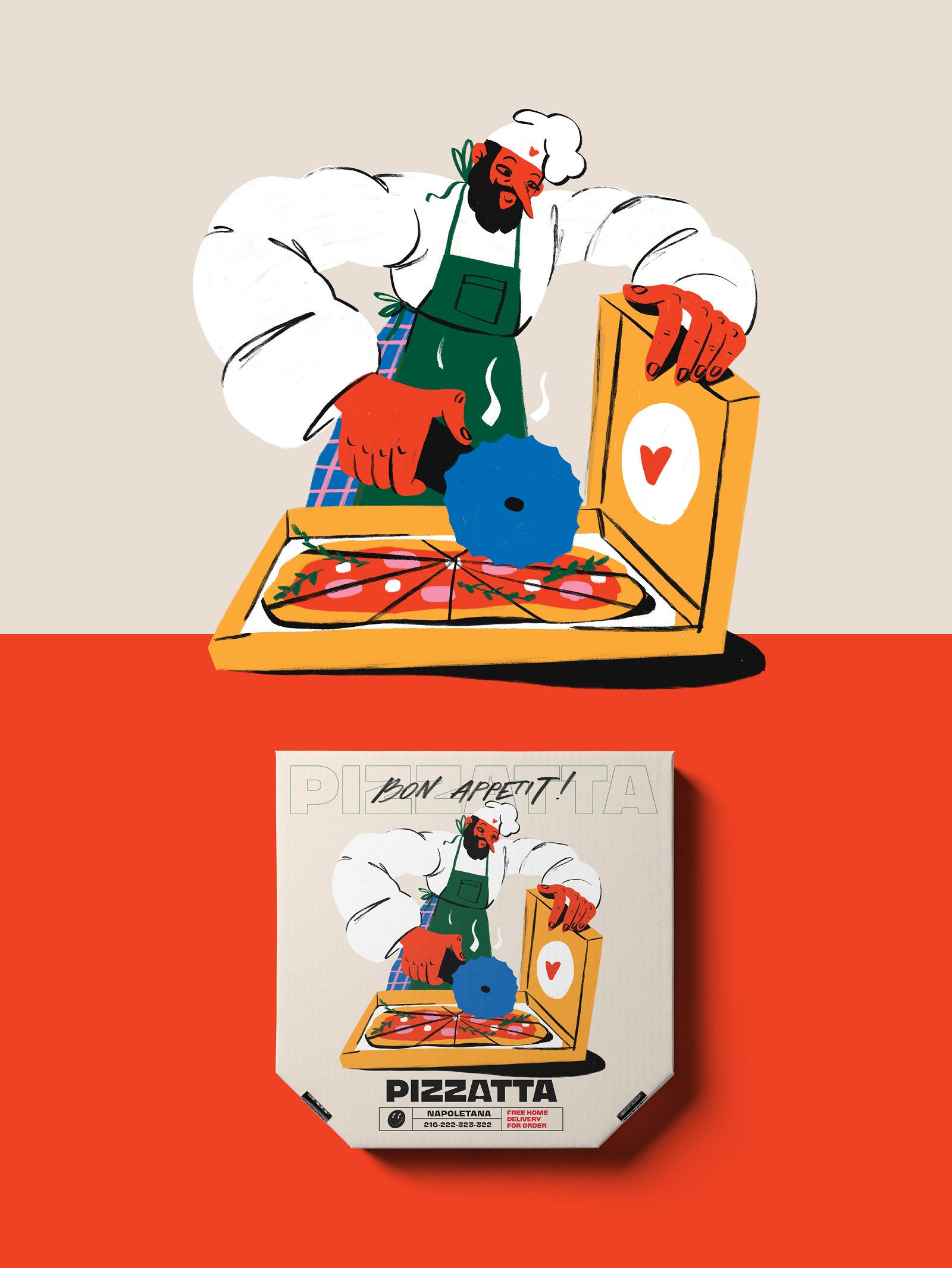 Pizzatta藝術(shù)插畫披薩品牌包裝設(shè)計(jì)，傳遞活力和歡快氛圍