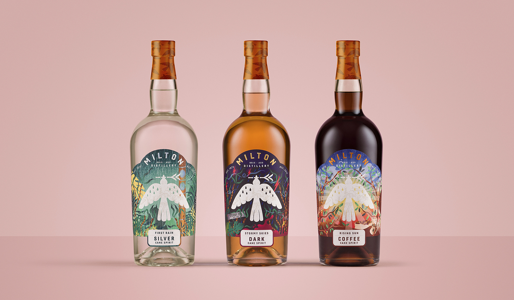 米爾頓酒廠朗姆酒標(biāo)簽包裝設(shè)計(jì)，噪鵑鳥核心識別元素統(tǒng)領(lǐng)所有包裝架構(gòu)