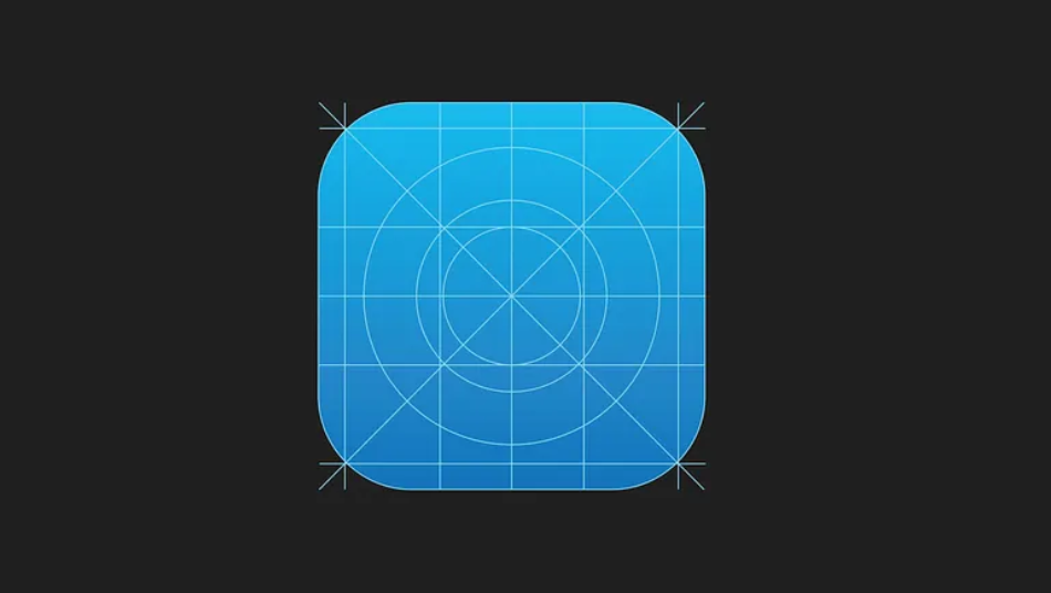 黑色背景上的藍(lán)色 iOS 應(yīng)用圖標(biāo)網(wǎng)格疊加層
