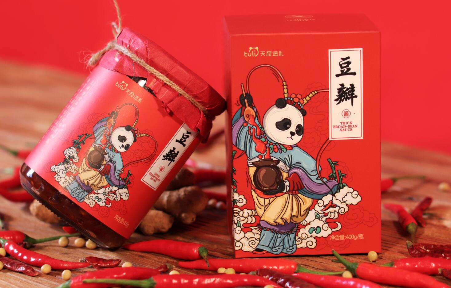 天府途禮豆瓣醬辣醬包裝設計“熊貓川劇戲劇插畫”